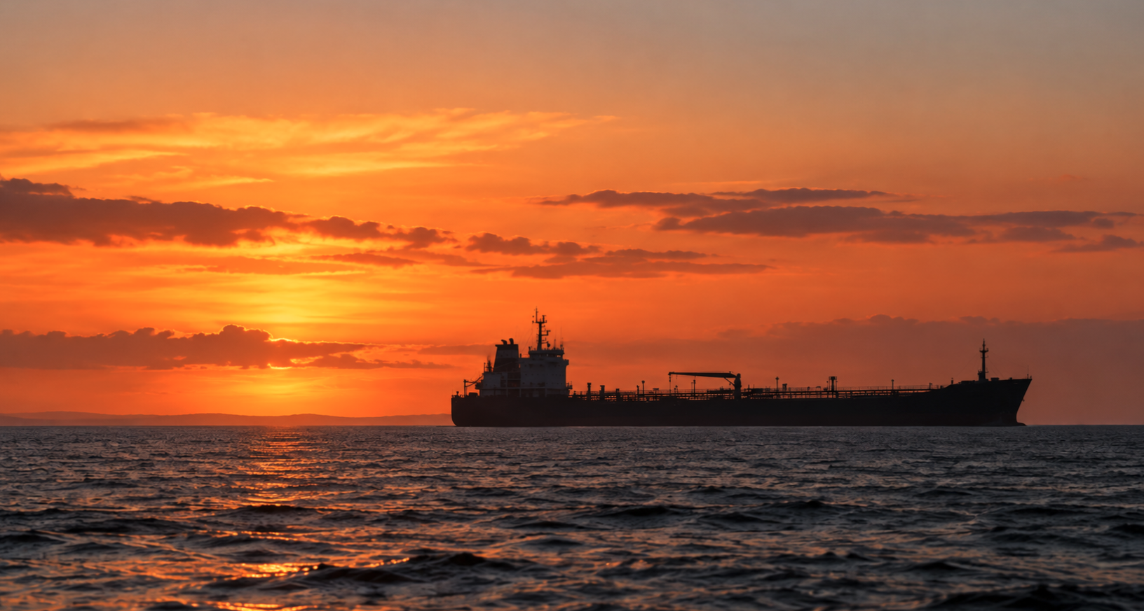 Commercial tanker at sea at sunset