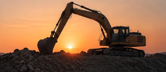 Excavator operating at sunset
